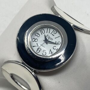 Eikon Watch Women 40mm Silver Tone Black White Enamel Look Cuff New Batter 6.25"